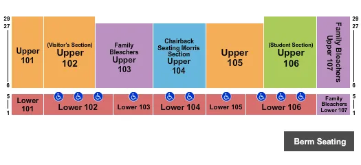 Football 2019-20 Seating Chart at Dunham Field at Husky Stadium. The chart shows the main floor/stage with seating options surrounding it, which are color coded