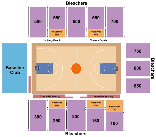 Basketball Seating Chart at Dunn-Oliver Acadome. The chart shows the main floor/stage with seating options surrounding it, which are color coded