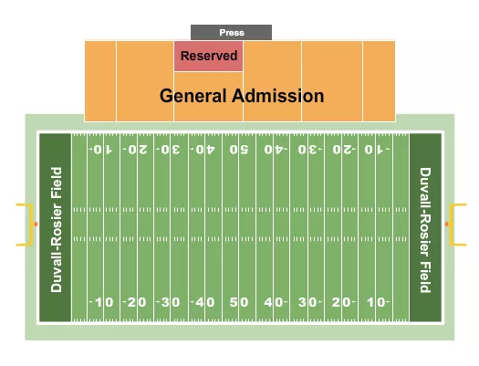 Football Seating Chart at Duvall-Rosier Field. The chart shows the main floor/stage with seating options surrounding it, which are color coded
