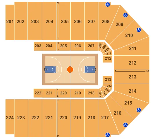 Basketball 2 Seating Chart at EJ Nutter Center. The chart shows the main floor/stage with seating options surrounding it, which are color coded