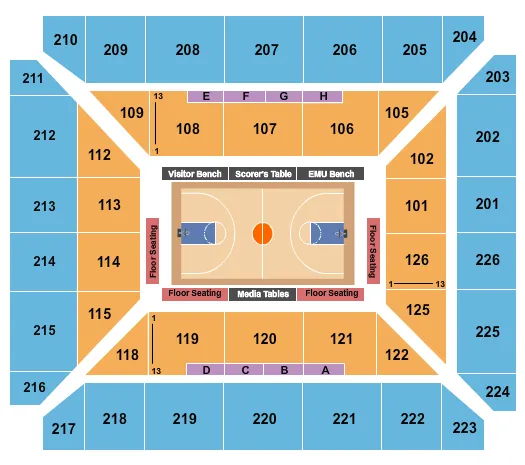 Basketball 2019-20 Seating Chart at George Gervin GameAbove Center. The chart shows the main floor/stage with seating options surrounding it, which are color coded