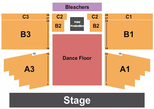 Endstage DanceFLR 2 Seating Chart at Eagle Mountain Casino. The chart shows the main floor/stage with seating options surrounding it, which are color coded