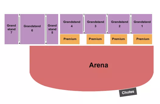 Rodeo Seating Chart at Eastern Idaho State Fair. The chart shows the main floor/stage with seating options surrounding it, which are color coded