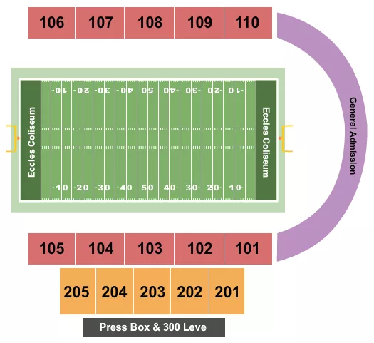 Football Seating Chart at Eccles Coliseum. The chart shows the main floor/stage with seating options surrounding it, which are color coded