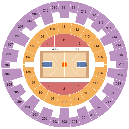 Basketball Seating Chart at Ed & Rae Schollmaier Arena. The chart shows the main floor/stage with seating options surrounding it, which are color coded