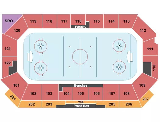 Hockey 3 Seating Chart at Ed Robson Arena. The chart shows the main floor/stage with seating options surrounding it, which are color coded