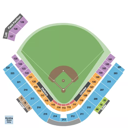 Spring Training Seating Chart at Ed Smith Stadium. The chart shows the main floor/stage with seating options surrounding it, which are color coded