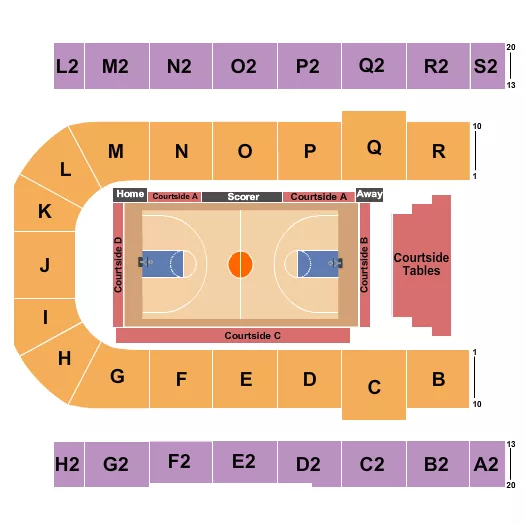 Basketball 2 Seating Chart at Edmonton EXPO. The chart shows the main floor/stage with seating options surrounding it, which are color coded