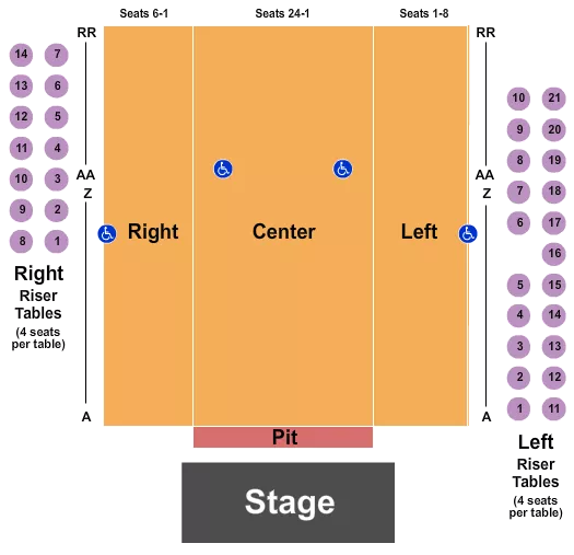 End Stage Seating Chart at Egyptian Room At Old National Centre. The chart shows the main floor/stage with seating options surrounding it, which are color coded