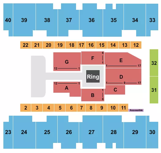 Boxing 2 Seating Chart at El Paso County Coliseum. The chart shows the main floor/stage with seating options surrounding it, which are color coded