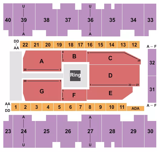 Boxing Seating Chart at El Paso County Coliseum. The chart shows the main floor/stage with seating options surrounding it, which are color coded