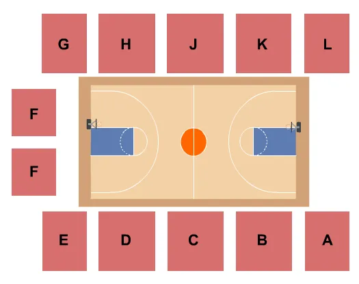 Basketball Seating Chart at Elam Center. The chart shows the main floor/stage with seating options surrounding it, which are color coded