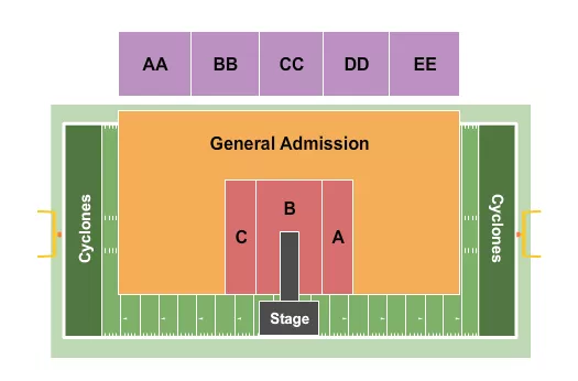 Concert w/ Catwalk 2 Seating Chart at Elizabethton High School Citizens Bank Stadium. The chart shows the main floor/stage with seating options surrounding it, which are color coded