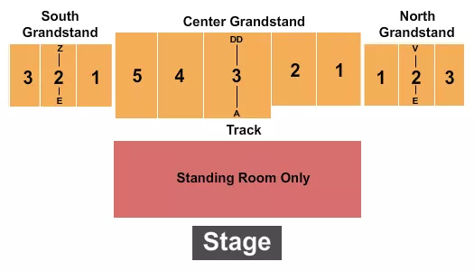 Standing & Reserved Seating Chart at Elkhart County Fairgrounds. The chart shows the main floor/stage with seating options surrounding it, which are color coded