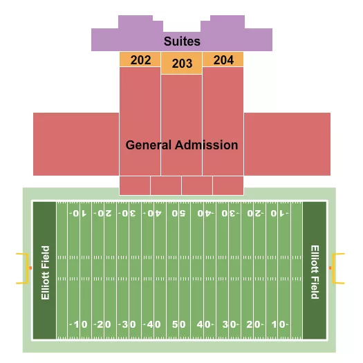 Football Seating Chart at Elliott Field at Don Beebe Stadium. The chart shows the main floor/stage with seating options surrounding it, which are color coded