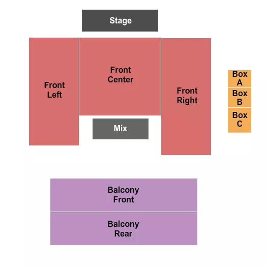 End Stage Seating Chart at Ellis Theater. The chart shows the main floor/stage with seating options surrounding it, which are color coded
