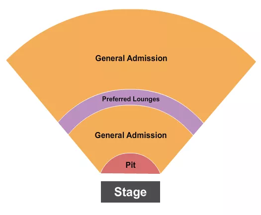 Endstage GA Pit Seating Chart at Elmwood Park Amphitheater. The chart shows the main floor/stage with seating options surrounding it, which are color coded