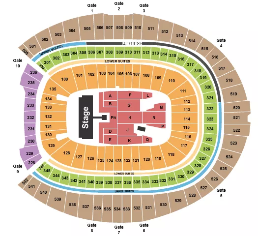 AC/DC Seating Chart at Empower Field At Mile High. The chart shows the main floor/stage with seating options surrounding it, which are color coded