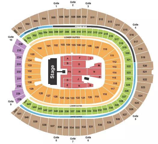 AC/DC Seating Chart at Empower Field At Mile High. The chart shows the main floor/stage with seating options surrounding it, which are color coded
