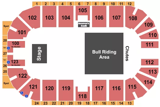 Rodeo Seating Chart at Ovintiv Events Centre. The chart shows the main floor/stage with seating options surrounding it, which are color coded