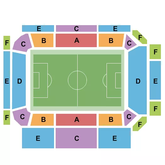 LA28 - Football (Soccer) Seating Chart at Energizer Park. The chart shows the main floor/stage with seating options surrounding it, which are color coded