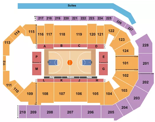 Basketball Seating Chart at Enmarket Arena. The chart shows the main floor/stage with seating options surrounding it, which are color coded