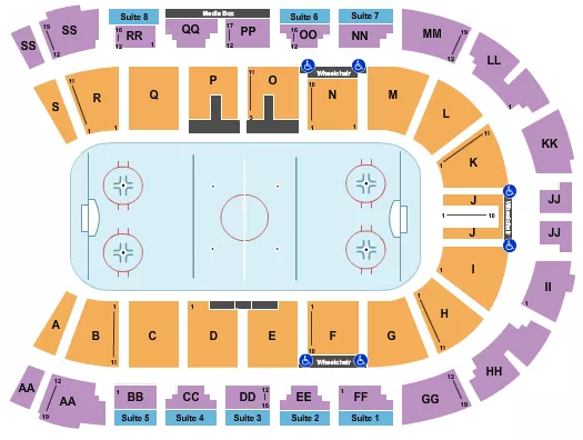 Hockey Seating Chart at VisitLethbridge.com Arena. The chart shows the main floor/stage with seating options surrounding it, which are color coded