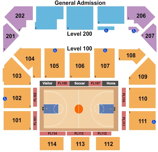 Basketball Seating Chart at Entertainment & Sports Arena. The chart shows the main floor/stage with seating options surrounding it, which are color coded