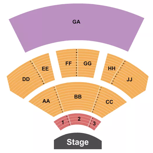 Endstage 2 Seating Chart at Epstein Family Amphitheater. The chart shows the main floor/stage with seating options surrounding it, which are color coded