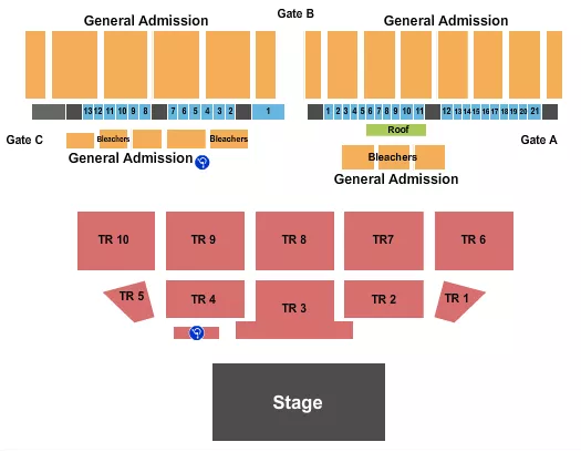 Endstage 2 Seating Chart at Erie County Fairgrounds. The chart shows the main floor/stage with seating options surrounding it, which are color coded
