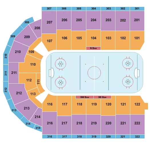 Hockey Seating Chart at Erie Insurance Arena. The chart shows the main floor/stage with seating options surrounding it, which are color coded