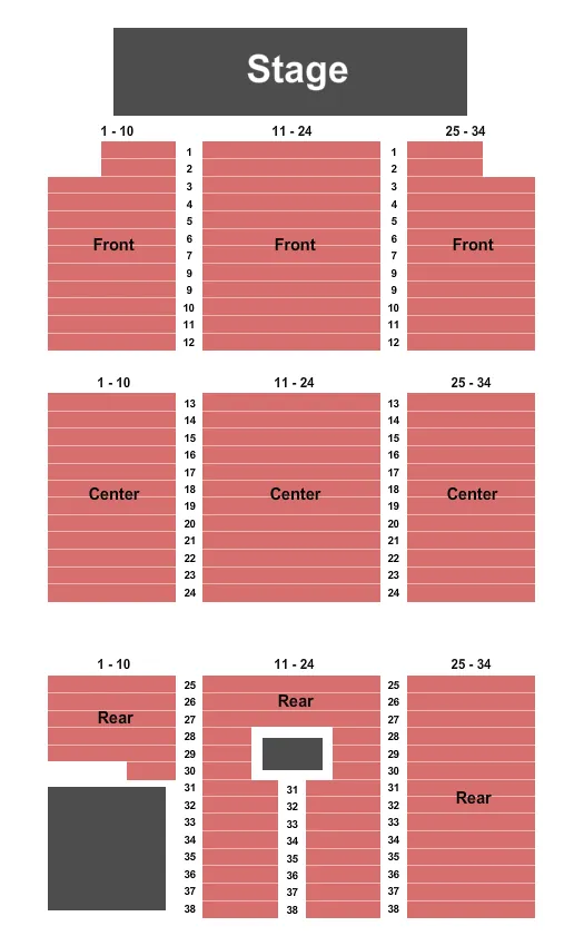 Endstage Seating Chart at Evangeline Downs. The chart shows the main floor/stage with seating options surrounding it, which are color coded