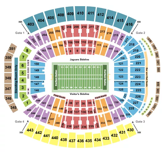 Football - Jaguars Seating Chart at EverBank Stadium. The chart shows the main floor/stage with seating options surrounding it, which are color coded