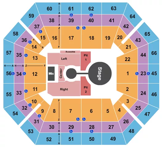 Brandon Lake Seating Chart at ExtraMile Arena. The chart shows the main floor/stage with seating options surrounding it, which are color coded