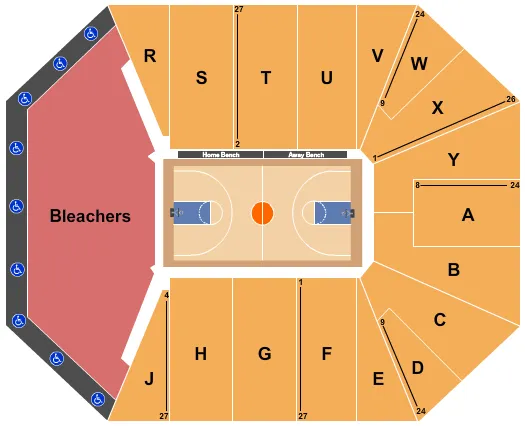 Basketball Seating Chart at FAMU Al Lawson Multipurpose Center & Teaching Gymnasium. The chart shows the main floor/stage with seating options surrounding it, which are color coded