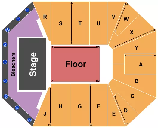 Endstage RSV/GA Bleachers Seating Chart at FAMU Al Lawson Multipurpose Center & Teaching Gymnasium. The chart shows the main floor/stage with seating options surrounding it, which are color coded