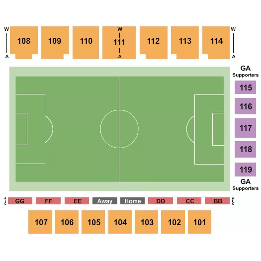 Soccer Seating Chart at FTL UTD Stadium. The chart shows the main floor/stage with seating options surrounding it, which are color coded