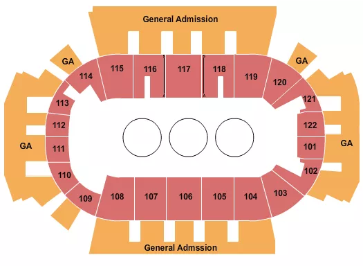 Circus Seating Chart at Family Arena. The chart shows the main floor/stage with seating options surrounding it, which are color coded