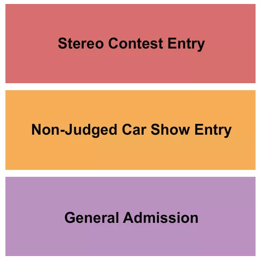 Import Face-Off Seating Chart at Tulsa Raceway Park. The chart shows the main floor/stage with seating options surrounding it, which are color coded