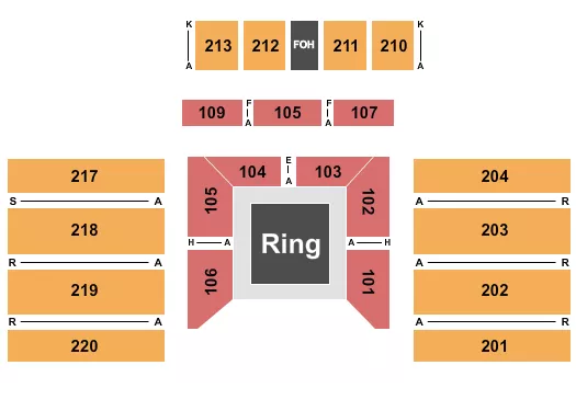 Boxing 3 Seating Chart at Fantasy Springs Resort & Casino. The chart shows the main floor/stage with seating options surrounding it, which are color coded