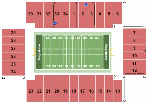 Football 2 Seating Chart at Fargodome. The chart shows the main floor/stage with seating options surrounding it, which are color coded
