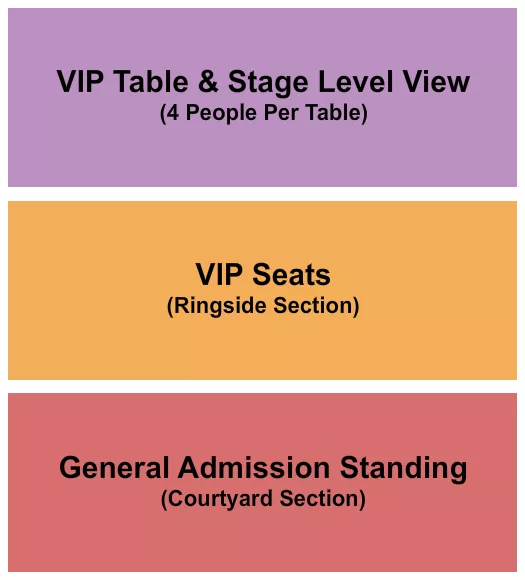 GA/VIP/Table Seating Chart at Ferg's Concert Pavilion. The chart shows the main floor/stage with seating options surrounding it, which are color coded