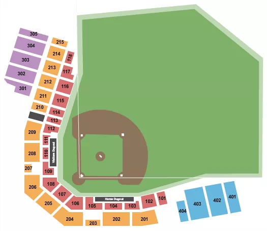 Baseball - FOD Seating Chart at Field Of Dreams Park. The chart shows the main floor/stage with seating options surrounding it, which are color coded