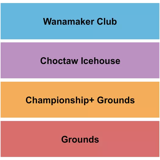 PGA Championship Seating Chart at Fields Ranch At PGA Frisco. The chart shows the main floor/stage with seating options surrounding it, which are color coded