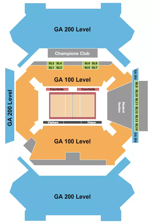 Volleyball Seating Chart at Fifth Third Arena. The chart shows the main floor/stage with seating options surrounding it, which are color coded