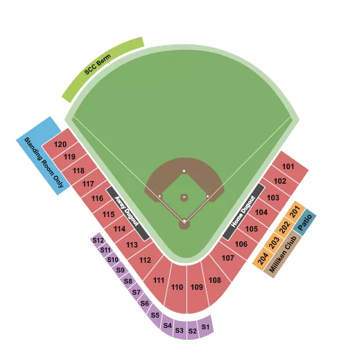 Baseball Seating Chart at Fifth Third Park. The chart shows the main floor/stage with seating options surrounding it, which are color coded