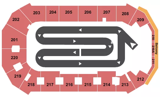 Arenacross Seating Chart at Findlay Toyota Center. The chart shows the main floor/stage with seating options surrounding it, which are color coded