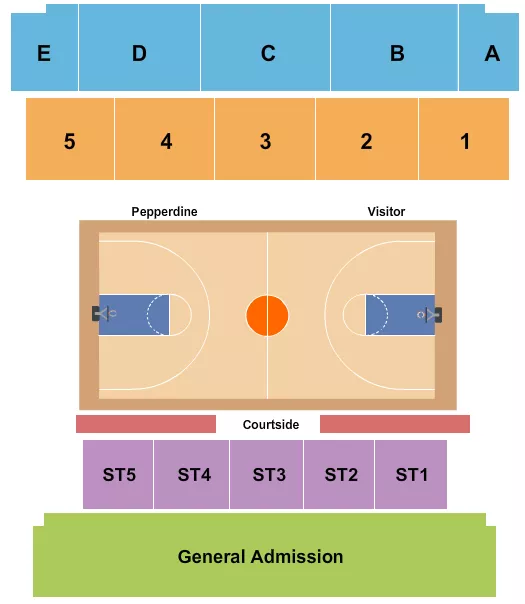 Volleyball Seating Chart at Firestone Fieldhouse. The chart shows the main floor/stage with seating options surrounding it, which are color coded