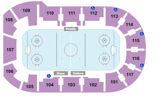 Hockey 2 Seating Chart at LECOM Events Center. The chart shows the main floor/stage with seating options surrounding it, which are color coded