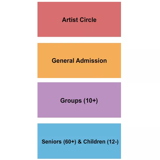 Artist Circle & GA Seating Chart at First Assembly of God. The chart shows the main floor/stage with seating options surrounding it, which are color coded